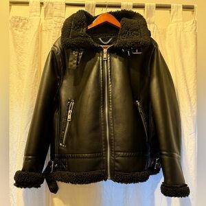 NEW Michael Kors Faux Shearling coat with hood Size XL, black , aviator bomber